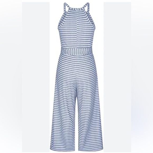 CBR Pants - CBR Striped Halter Jumpsuit in Blue and White with waist tie